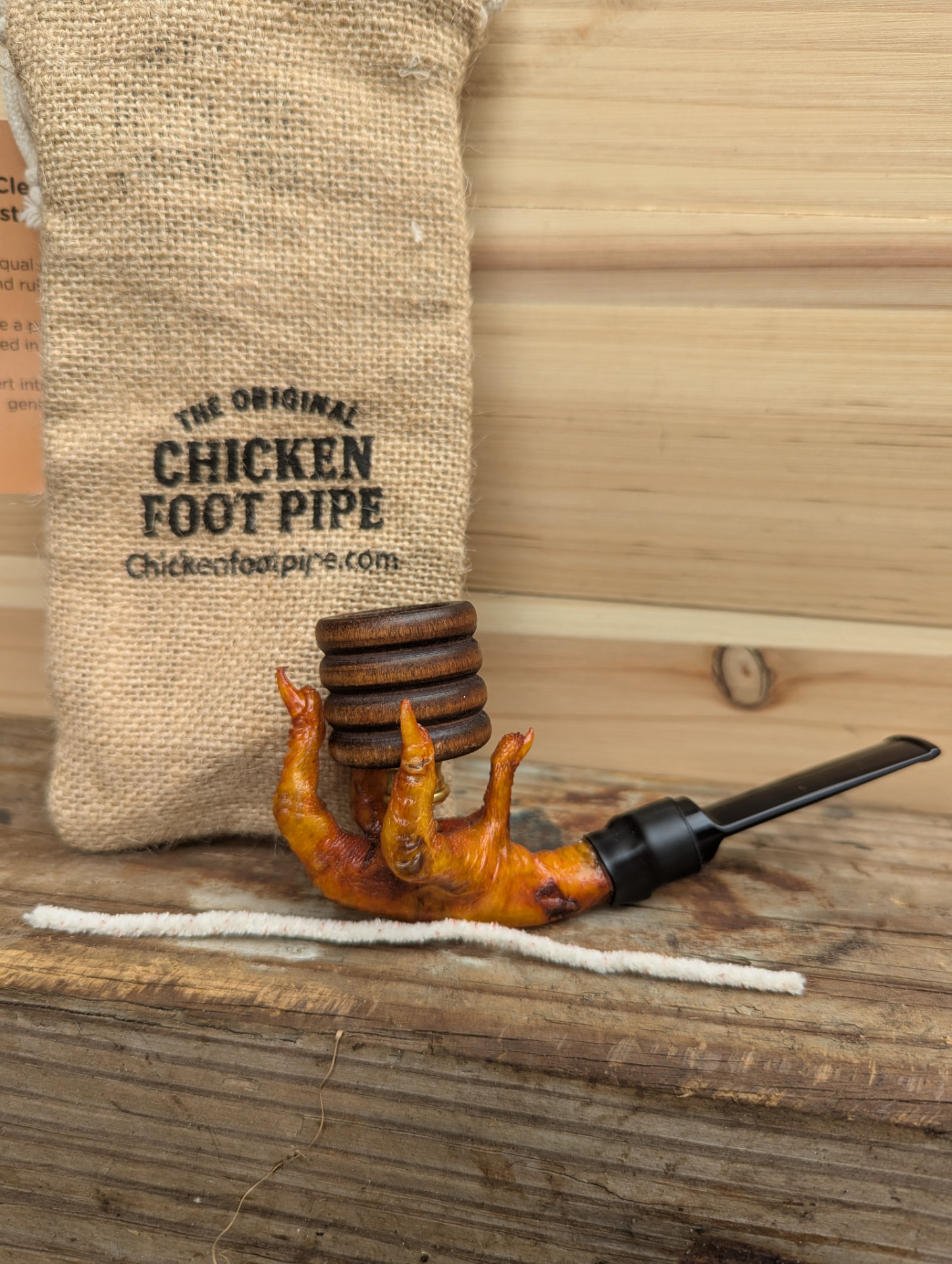 Hand-turned wooden bowl chicken foot pipe with branded burlap bag